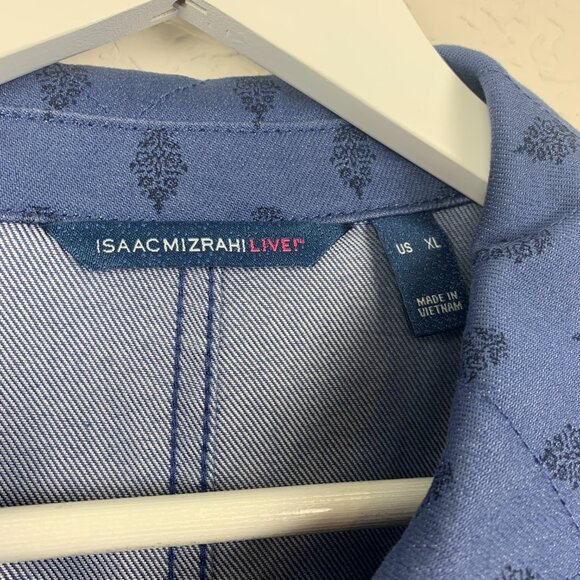 Isaac Mizrahi Jacket Womens XL Blue Denim Printed Fringed Hem Cropped Pockets - Picture 4 of 11